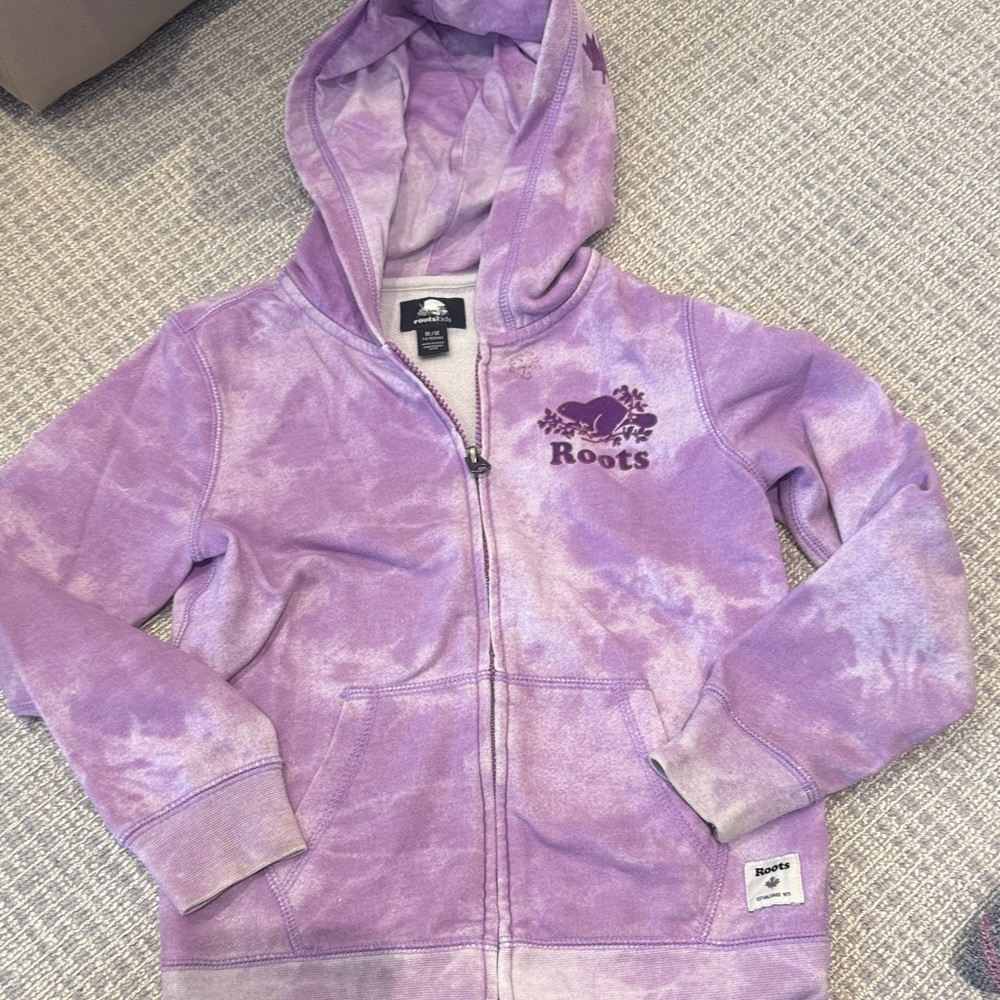 Roots Classic Kids Sweatshirt - Tie-Dye Purple Hoodie with zip up (7-8yo)